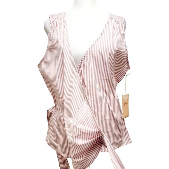Striped V-Neck Wrap Sleeveless Blouse Tie Waist By Blåshe Size Large Pink - Picture 6 of 11